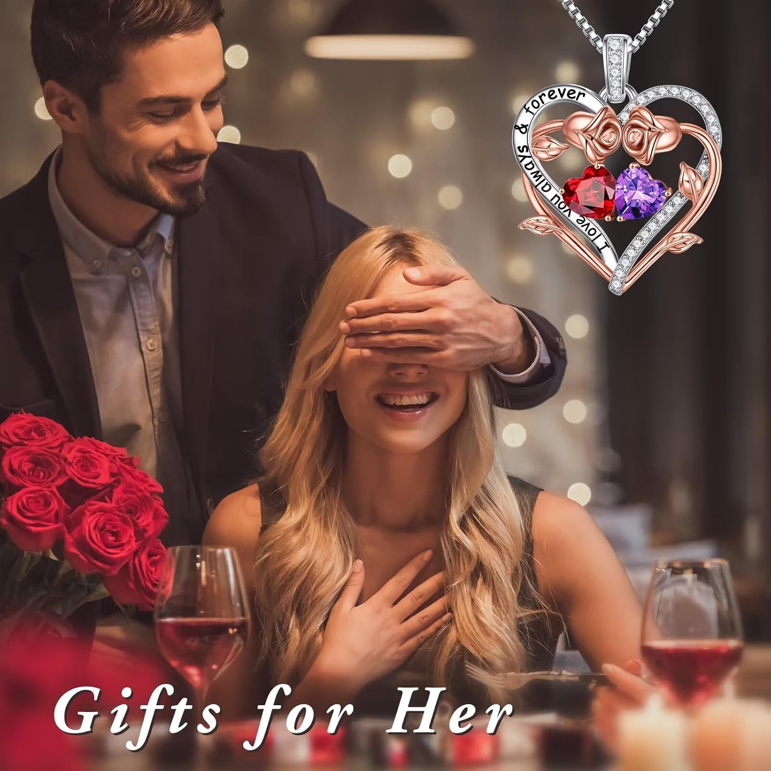 Thumbnail 1 de Iefil Rose Heart Double Birthstone Necklace for Wife – Birthstone Jewelry Gift for Women