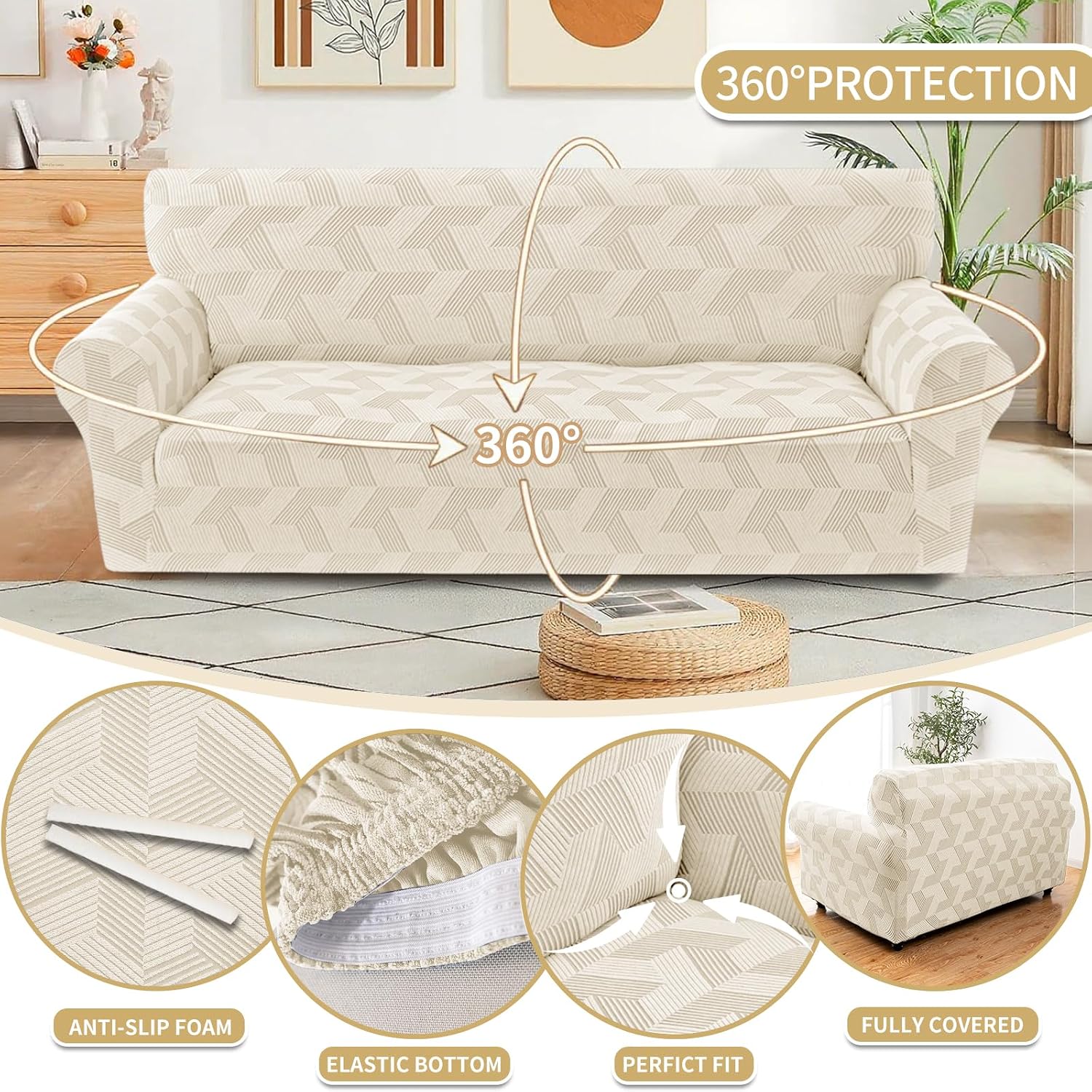 Detalle 2 de JIVINER Beige Loveseat Cover, Stretch Geometric Jacquard with Elastic Bottom