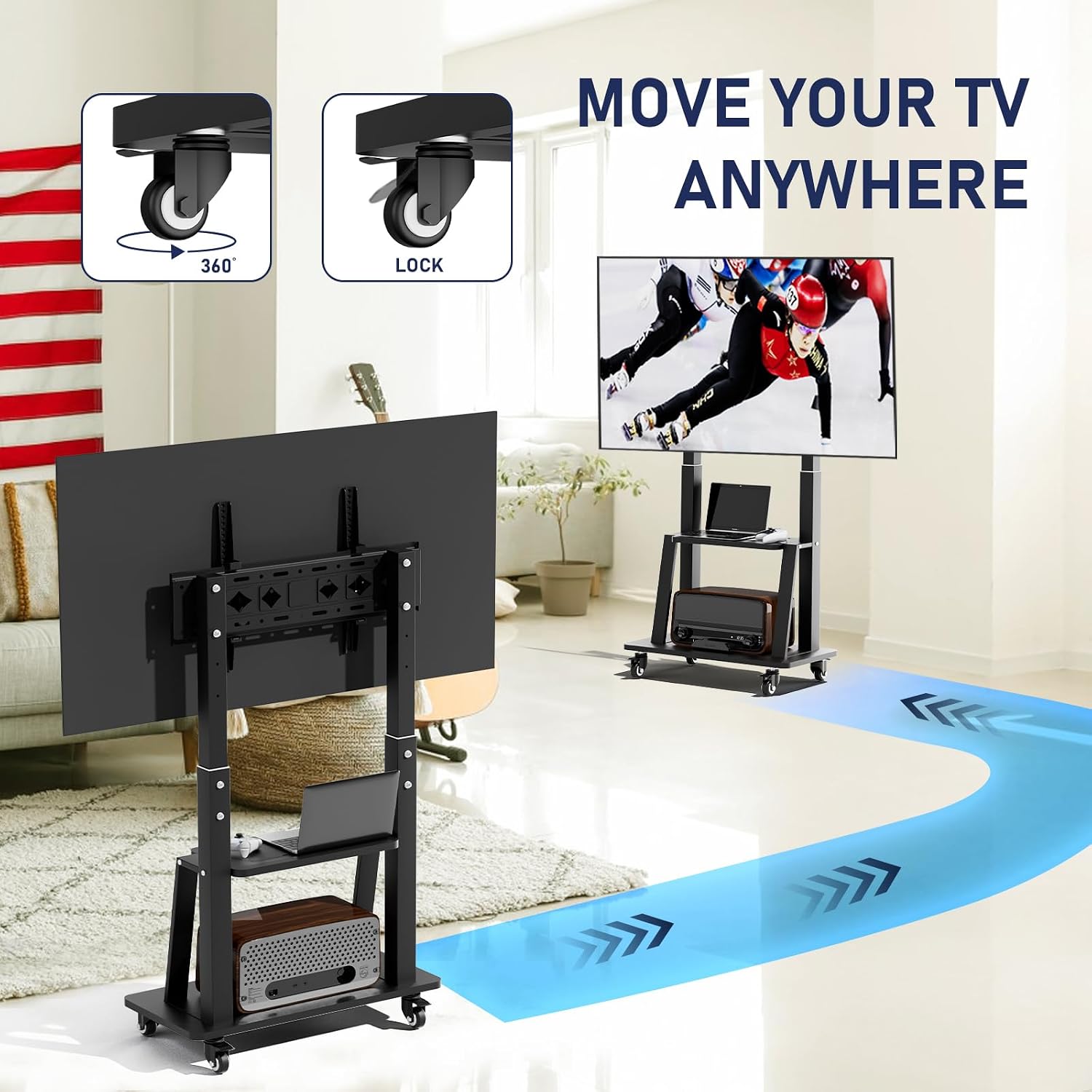 Detalle de Duiliuu Rollbarer TV-Ständer mit Rollen für 32–75" (VESA 600×400), höhenverstellbar bis 65
