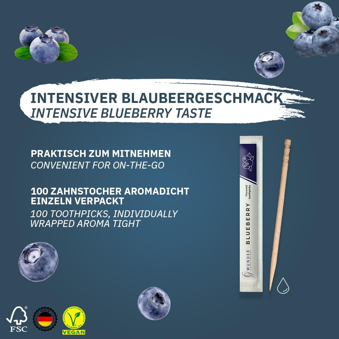 Detalle de Wunder aromatisierte Zahnstocher Blaubeere – 100er Pack, einzeln verpackt, zuckerfrei