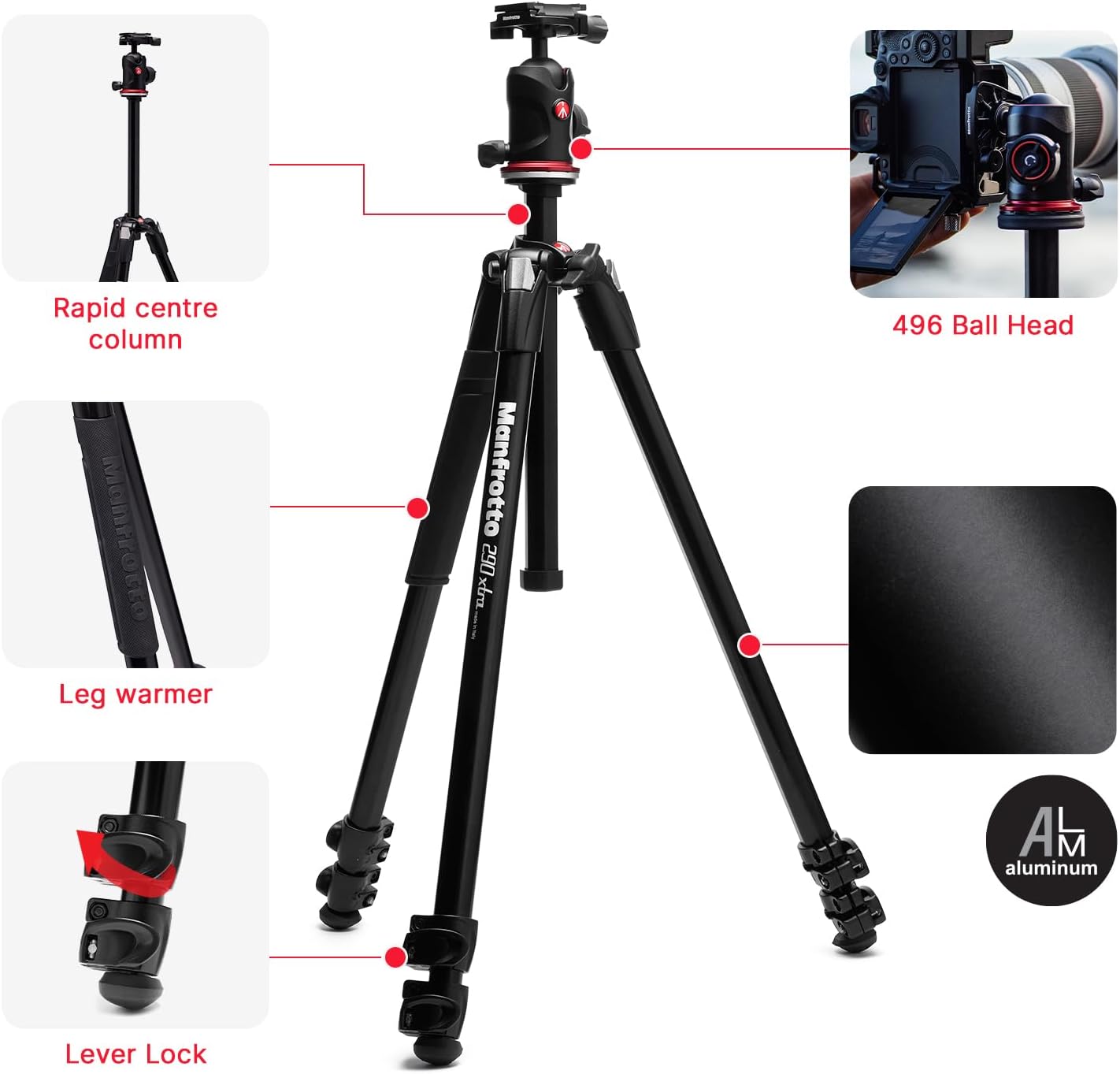 Thumbnail 1 de Manfrotto 290XTRA con testa a sfera 496, treppiede in alluminio per reflex e mirrorless (3 sezioni, piastra Arca-Swiss, 10 kg) + borsa
