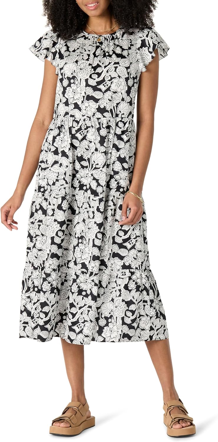 Detalle de Amazon Essentials Damen Gestuftes Relaxed-Fit-Midikleid aus Baumwollsatin mit Rundhalsausschnitt