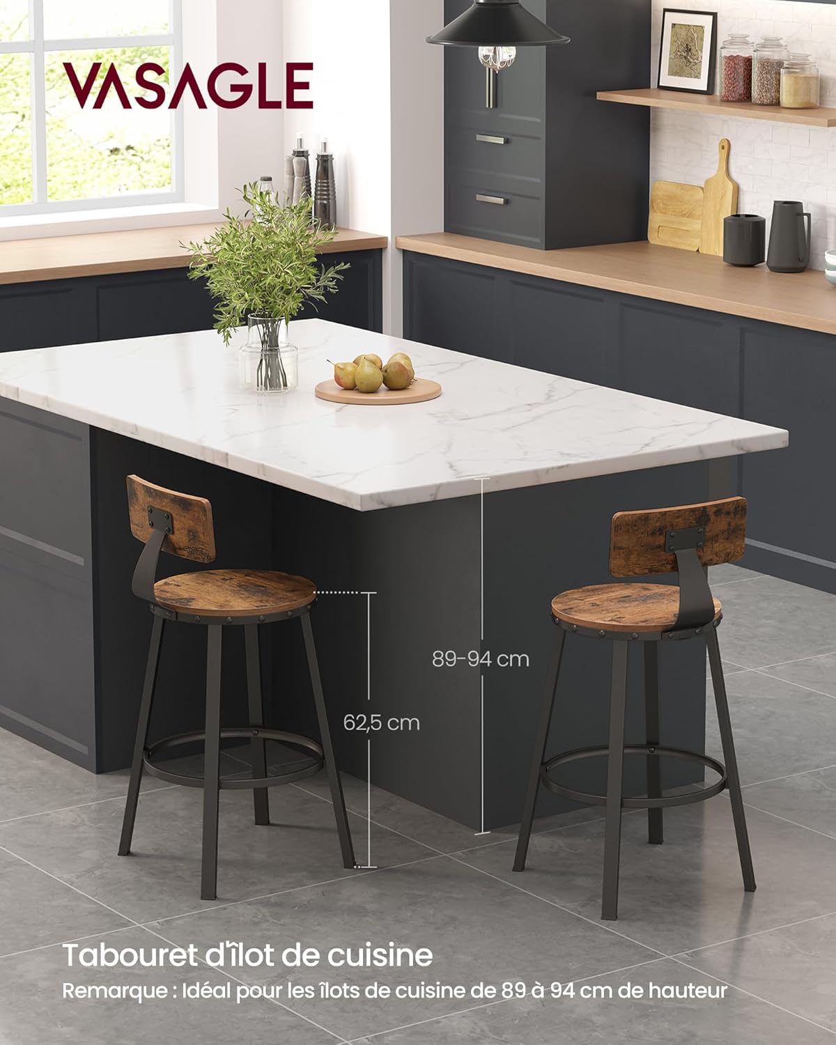 Thumbnail 3 de VASAGLE Tabouret Bar Industriel Lot de 2 – Siège 62,5 cm, cadre acier, bois marron rustique