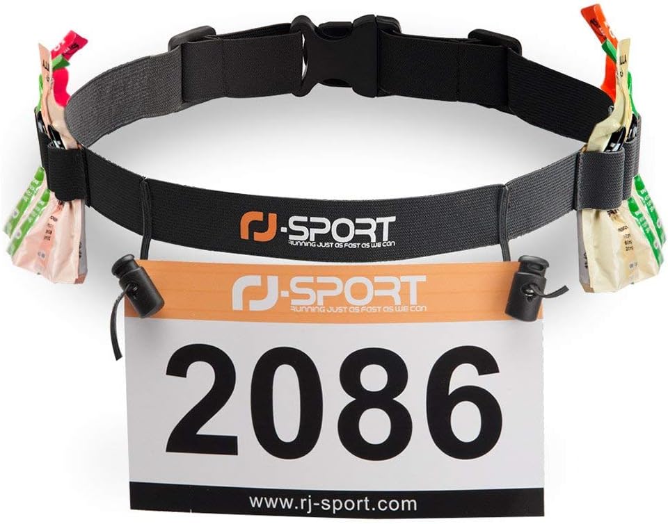 Detalle de RJ-Sport Triathlon-Startnummernband als Laufgurt mit Nummernhalter & 6 Gel-Halter (schwarz)