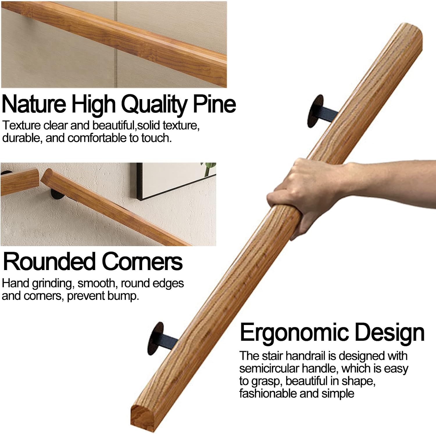 Detalle de JuneFanwei 2FT Wooden Stair Handrail, Pine Rail with Stainless Steel Brackets