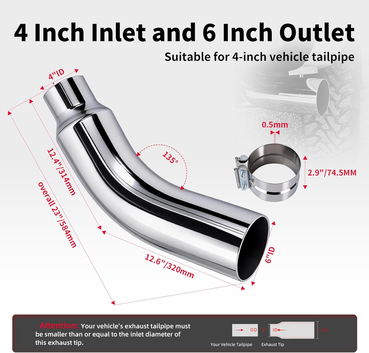 Thumbnail 5 de Exhaust Tip Universal 4 to 6 Inch Exhaust Elbow Pipe with Clamp – Chrome