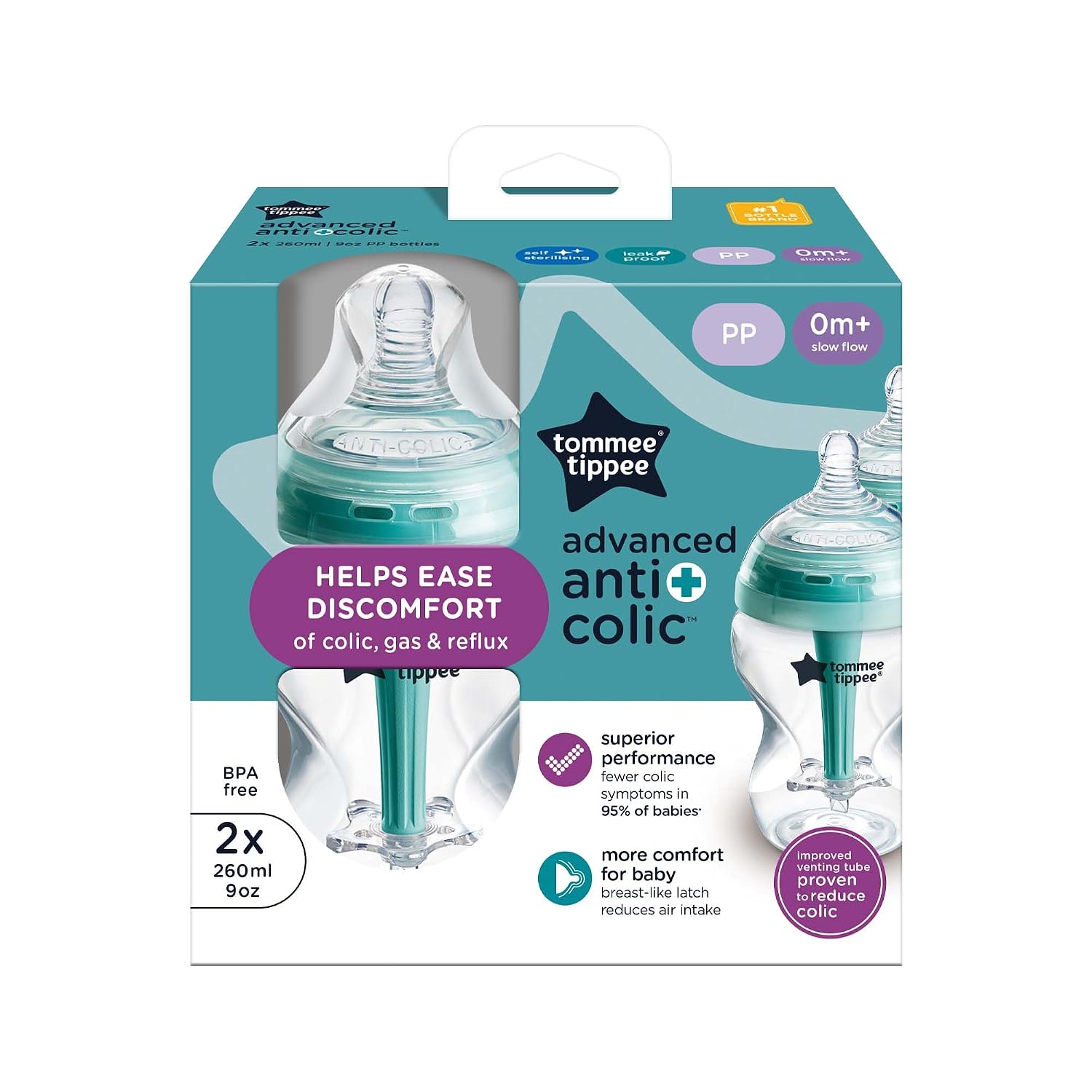 Thumbnail 1 de Tommee Tippee Advanced Anti-Kolik Babyflaschen, 260 ml, brustähnlicher Sauger (langsam), selbststeril – 2er-Pack
