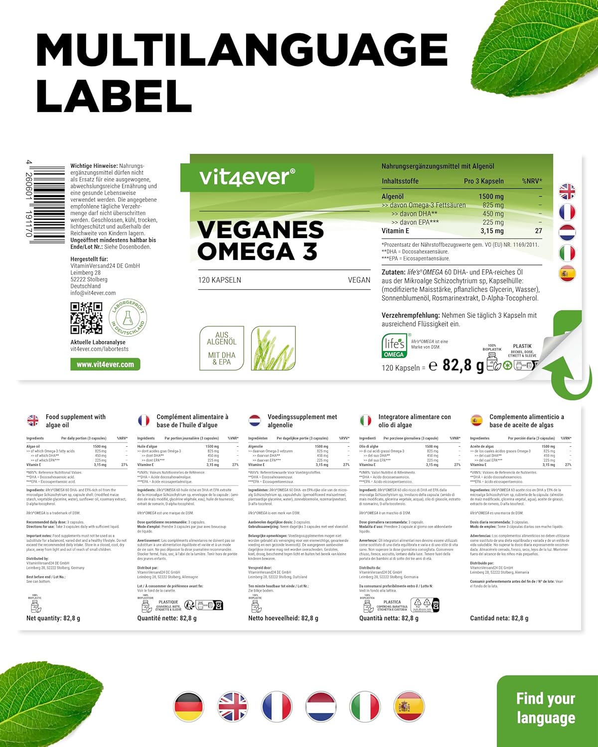Detalle 2 de vit4ever Omega 3 Vegan (Algenöl) – 120 Softgel Kapseln mit 450 mg DHA & 225 mg EPA