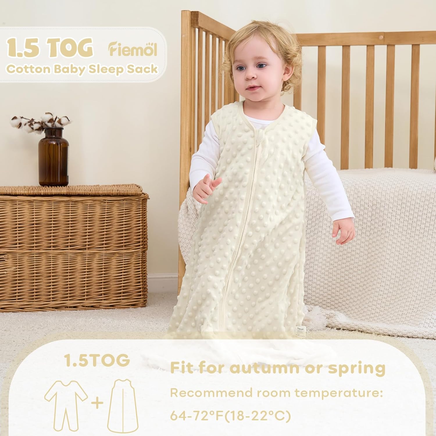 Thumbnail 4 de FIEMOL Schlafsack Baby 0–6 Monate 1,5 Tog – Beigeneutraler 2er Pack (67 cm) aus Baumwolle & Plüsch