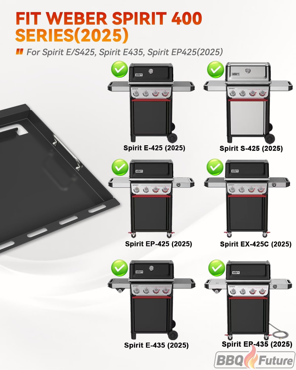 Detalle de 6787 Full Size Griddle Insert with Handles for Weber Spirit 400 Series (2025) and Spirit 300 (2016–2024) — Carbon Steel Flat Top Replacement