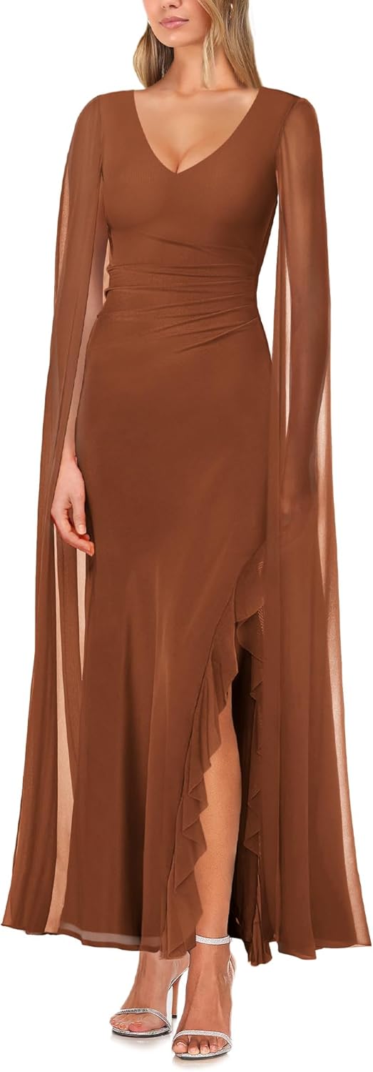 Thumbnail 3 de MAYFASEY Women's V Neck Split Formal Dress with Cape – Mesh Ruched Long Dress