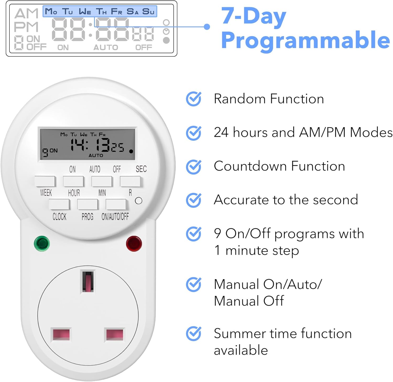 Thumbnail 3 de HBN Digital Programmable Plug-in Timer Socket (2 Pack) with 9 Programs, 24/7 Scheduling and Random Function