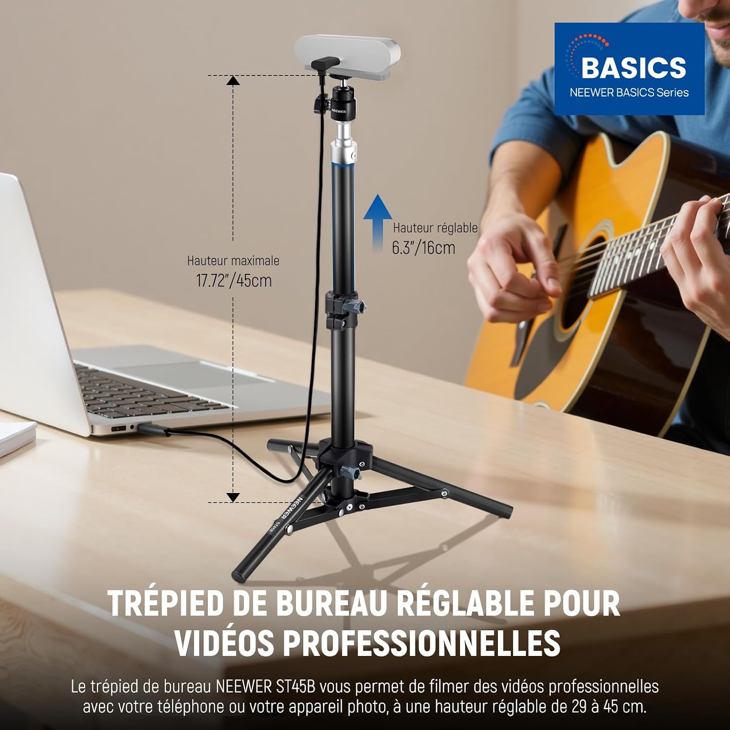 Detalle de NEEWER Trépied pour webcam de bureau avec support téléphone (vis 6,35 mm) pour streaming et vidéoconférence