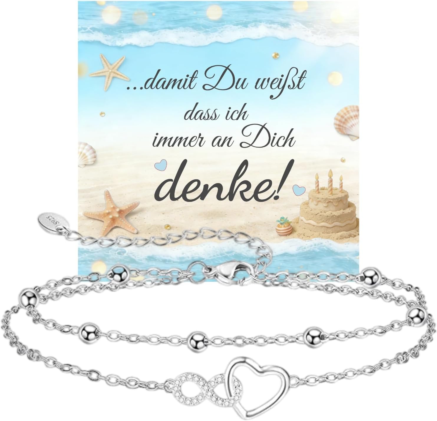 Detalle 2 de Jbniuay Fußkettchen für Damen 925 Sterling Silber – Infinity Herz, verstellbar 23+5 cm