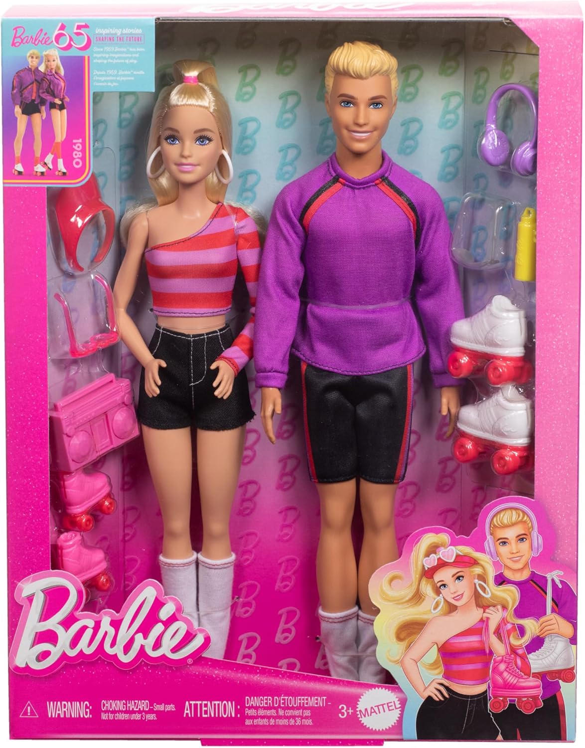 Detalle de Barbie e Ken sui Pattini a Rotelle – Set Fashionistas 65° Anniversario (2 bambole, 6 accessori anni ’80) HXK90
