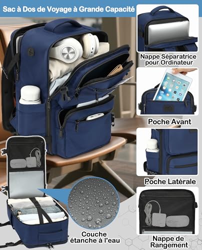 Detalle de LYNXCHER Sac à Dos Voyage Cabine 40x20x25 cm – 20 L, Bleu Foncé, 14 pouces (Homme/Femme)