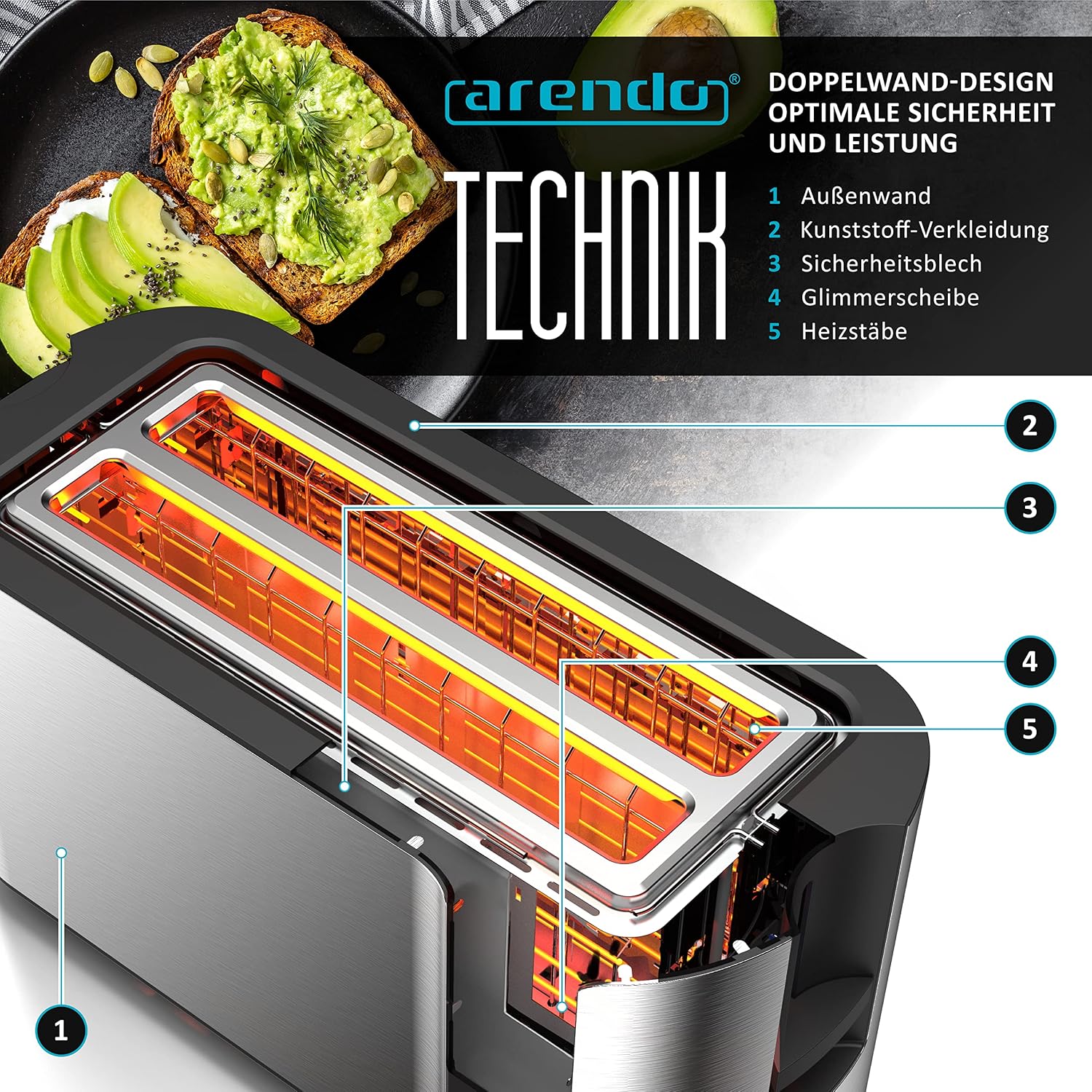Thumbnail 4 de Arendo Frukost Touch – toster z długim otworem, 4 kromki, 1500 W