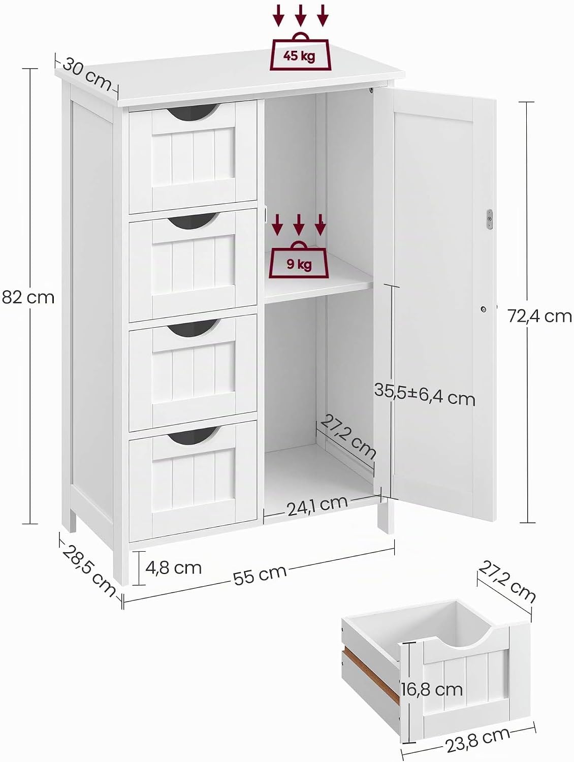 Detalle de VASAGLE LHC41W mobile da bagno autoportante con 4 cassetti, anta e ripiano regolabile