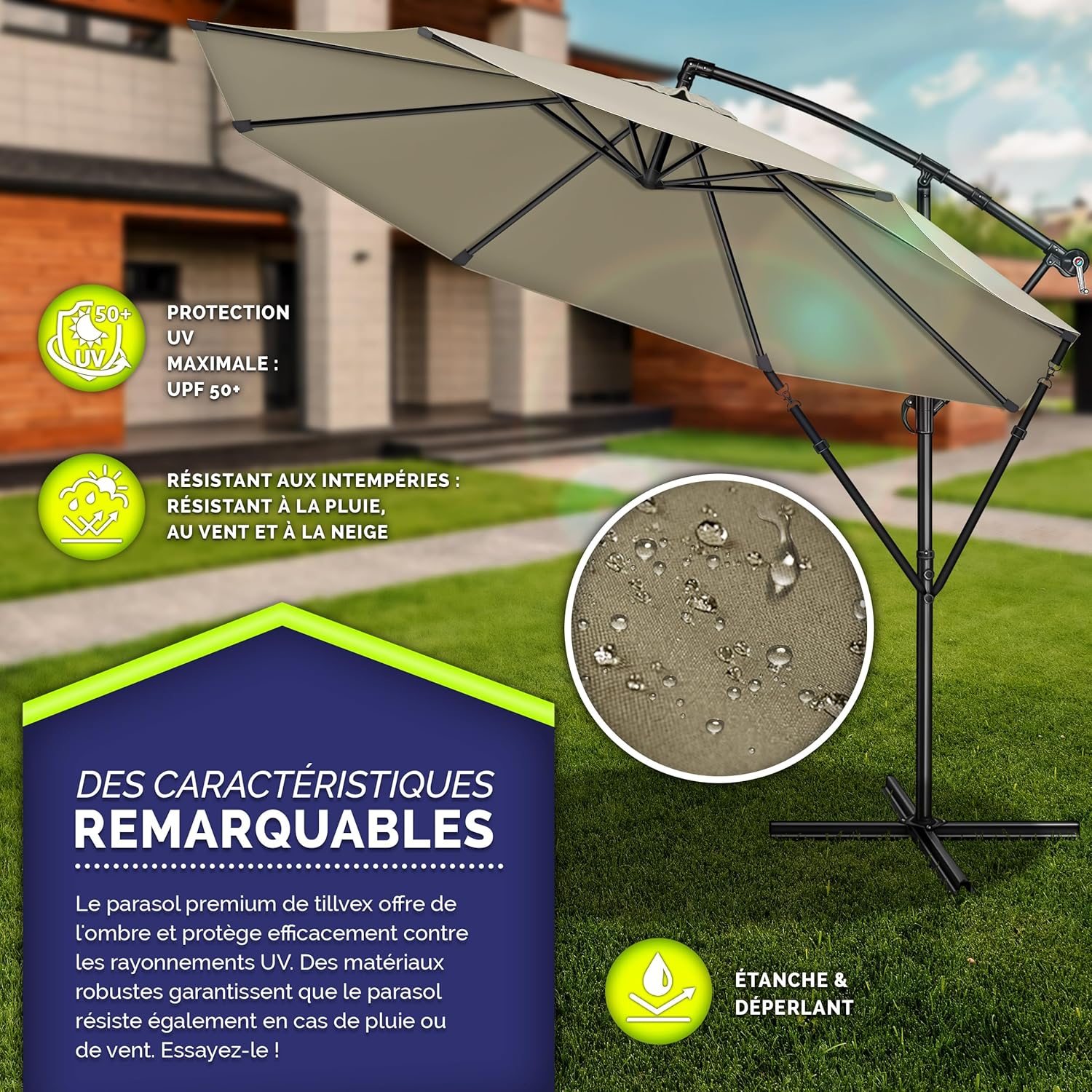 Thumbnail 1 de Tillvex Parasol déporté hexagonal 3M avec manivelle - Aluminium, pied robuste et housse imperméable