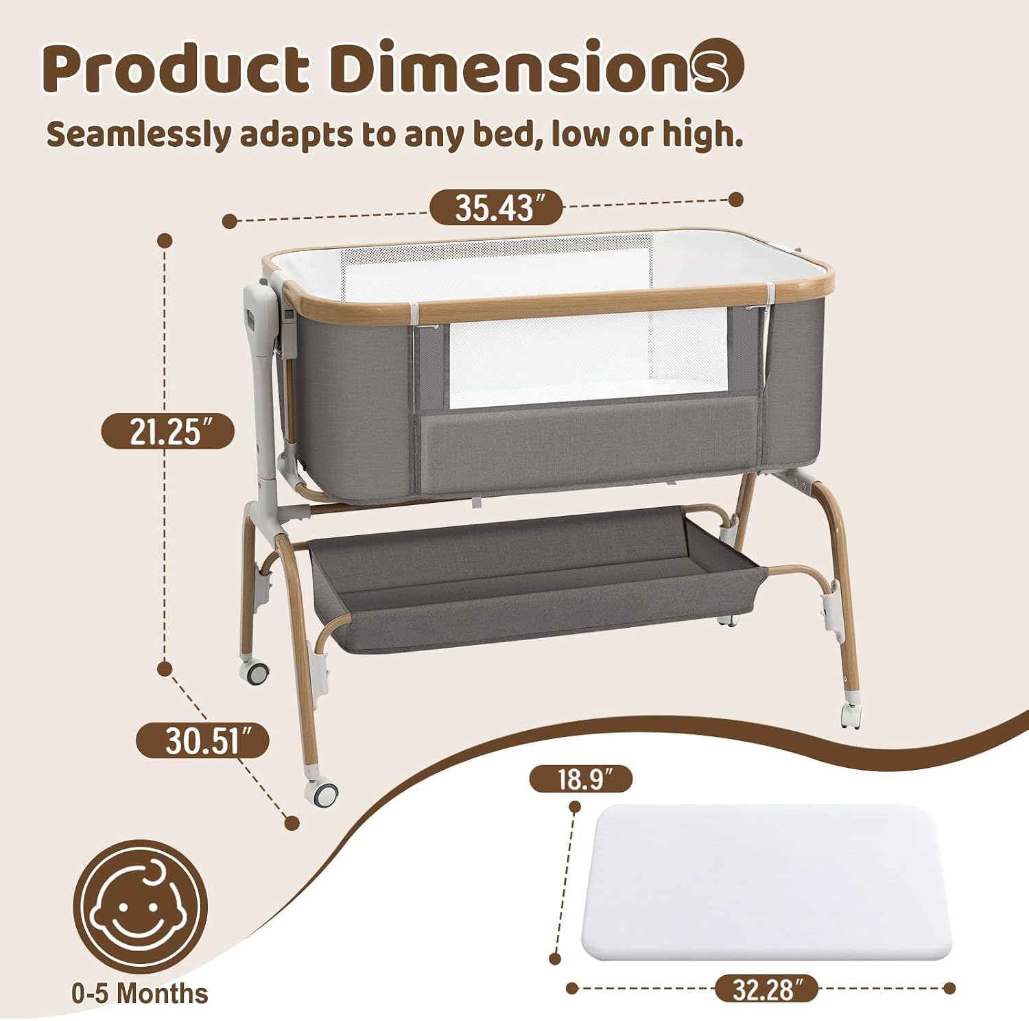 Thumbnail 5 de Mariserenity QMW-001 Baby Bassinet with 8-Level Height Adjustment and Mesh