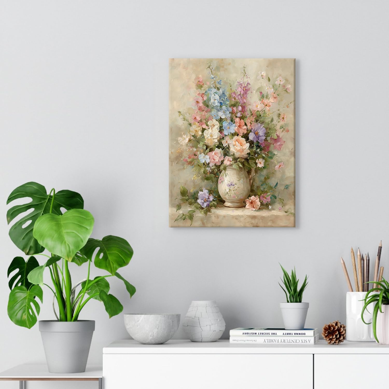 Detalle de Botanical vintage floral wall art canvas print (12 x 16 inch, 1 panel) – vase bouquet still life decor