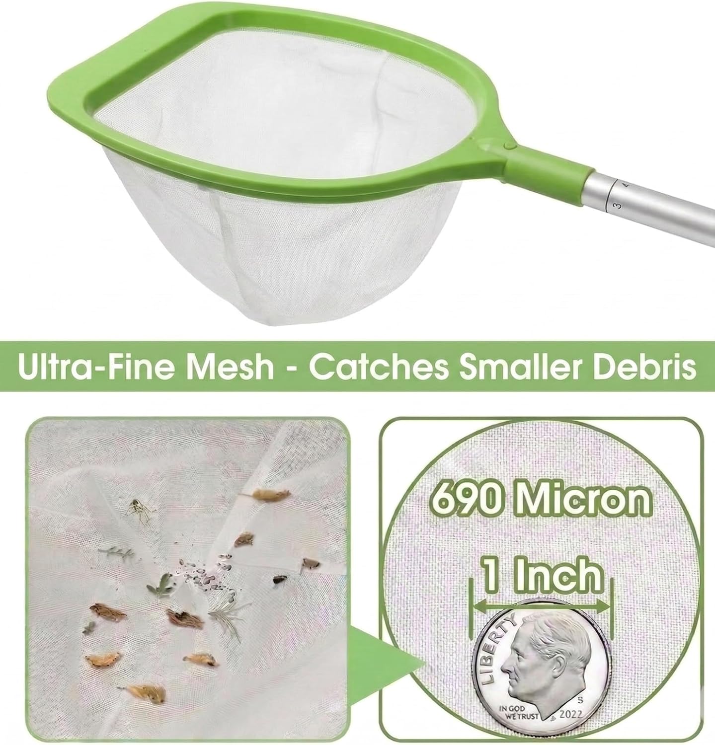 Thumbnail 2 de Hot Tub Skimmer Net with 2-Section Extendable Handle (Small Pool Pond Net) – Ultra-Fine Green Mesh