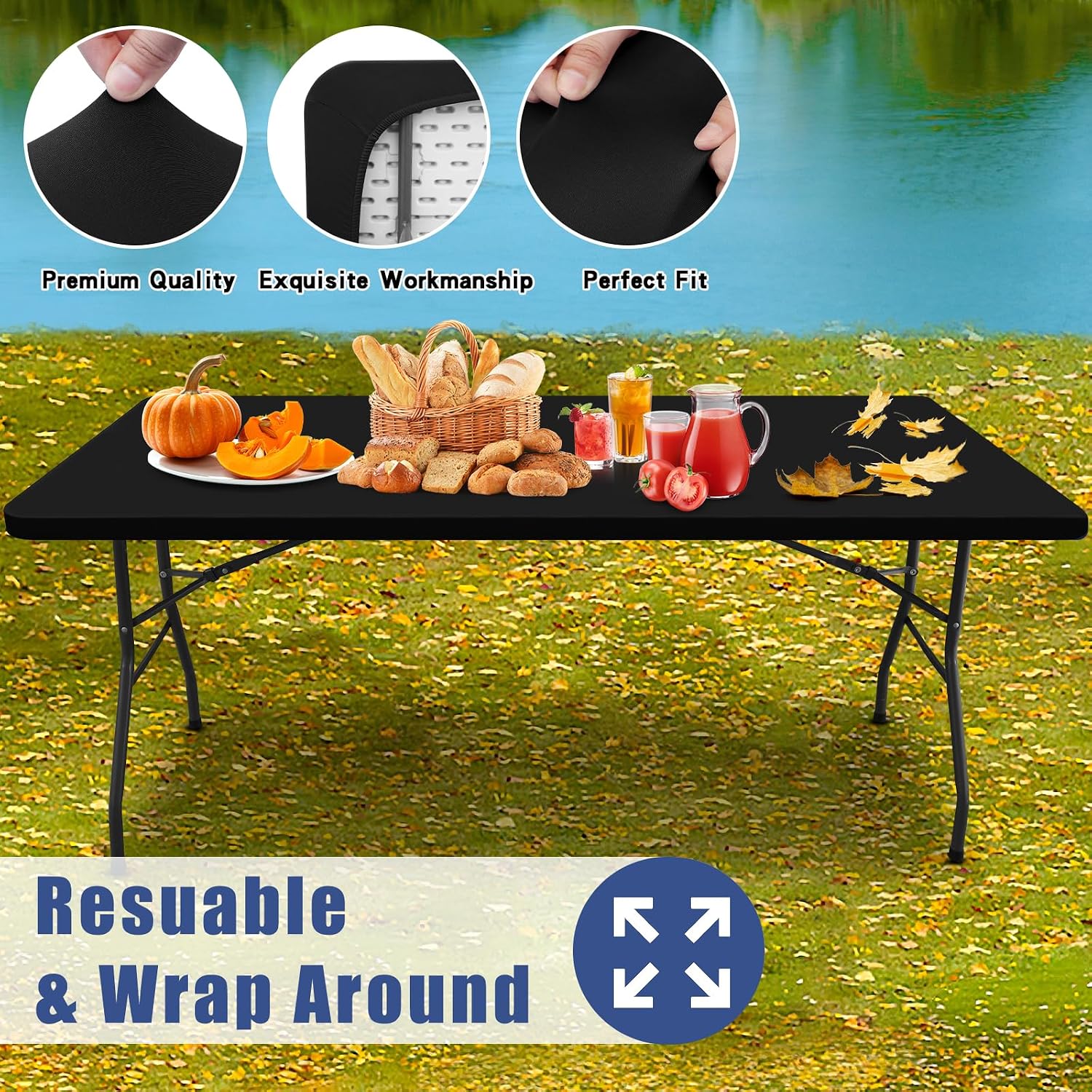 Thumbnail 4 de Moosfor Spandex 6 Foot Rectangle Table Cloth (Black) — Elastic Fitted, Waterproof, Washable Outdoor Table Cover, 30"x72