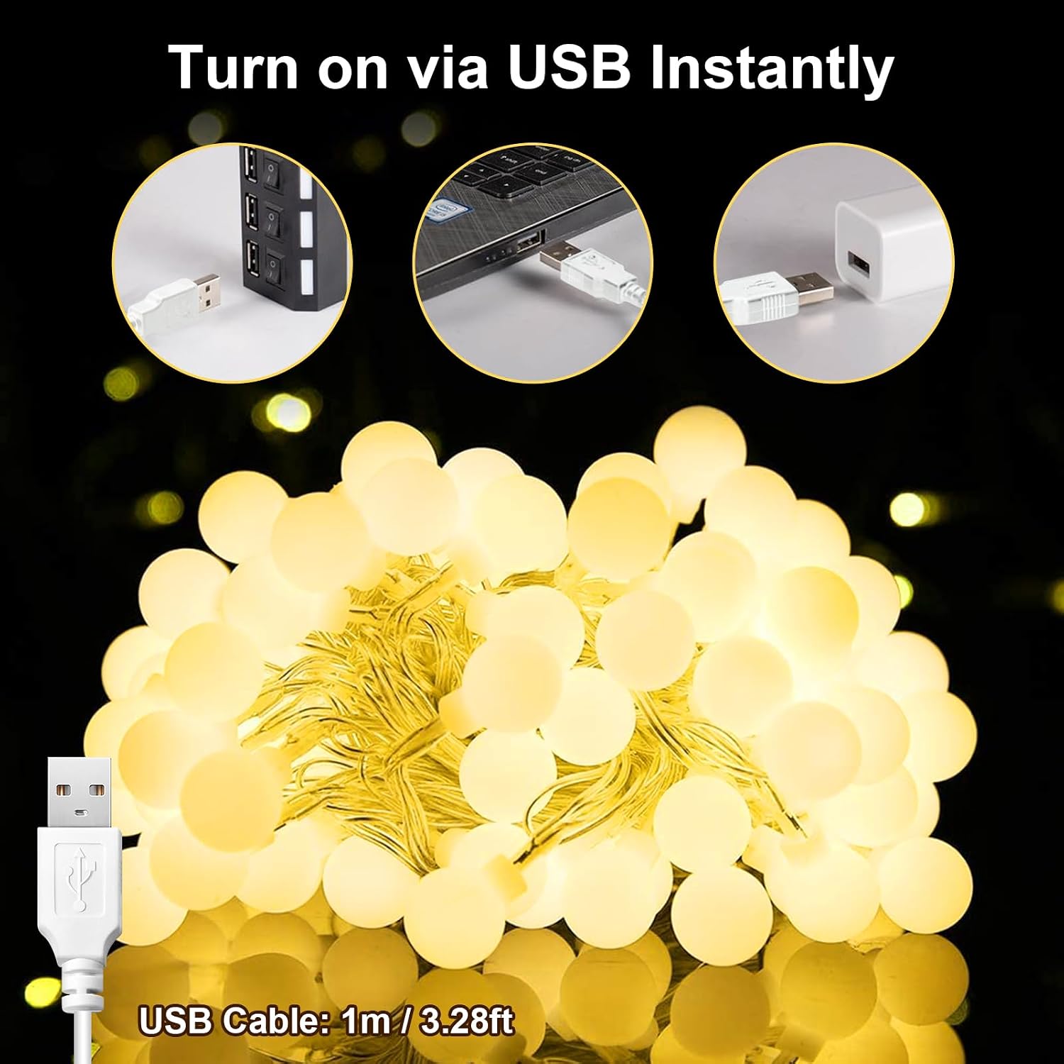 Detalle de Bigzom TZWC-5-S-I-A-T-40 USB-lichtsnoer met 40 warmwitte led-bollen