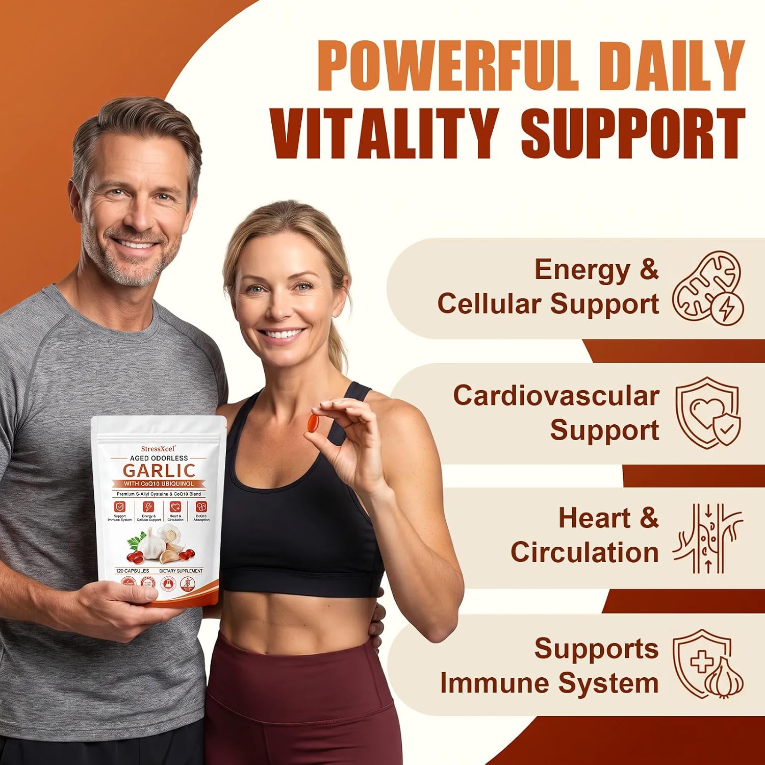 Thumbnail 1 de StressXcel Odorless Aged Garlic Softgels, 1,200 mg, with CoQ10 Ubiquinol & Vitamin K2