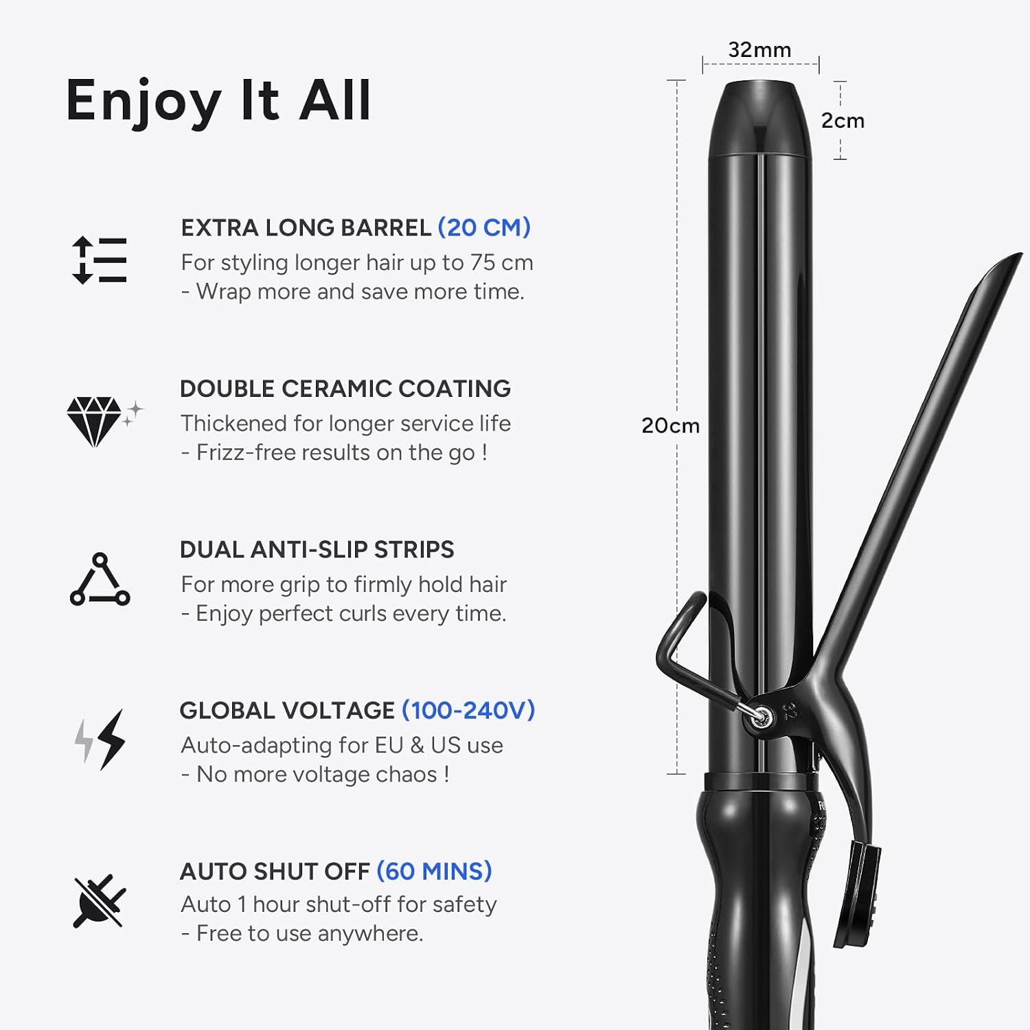 Thumbnail 2 de FUNBUGS Long Barrel 32mm Curling Tongs with Dual Voltage and Extended 20cm Wand
