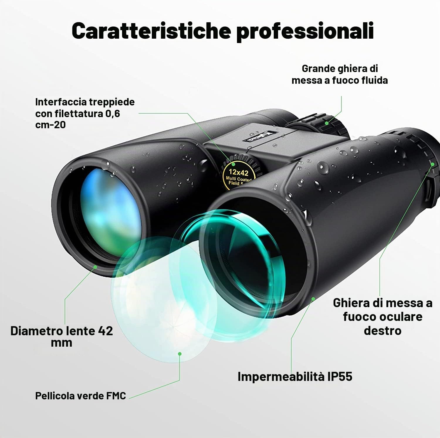 Detalle 2 de Kylietech 12x42 Professionale Binocolo con prisma BaK-4, lenti FMC e adattatore smartphone