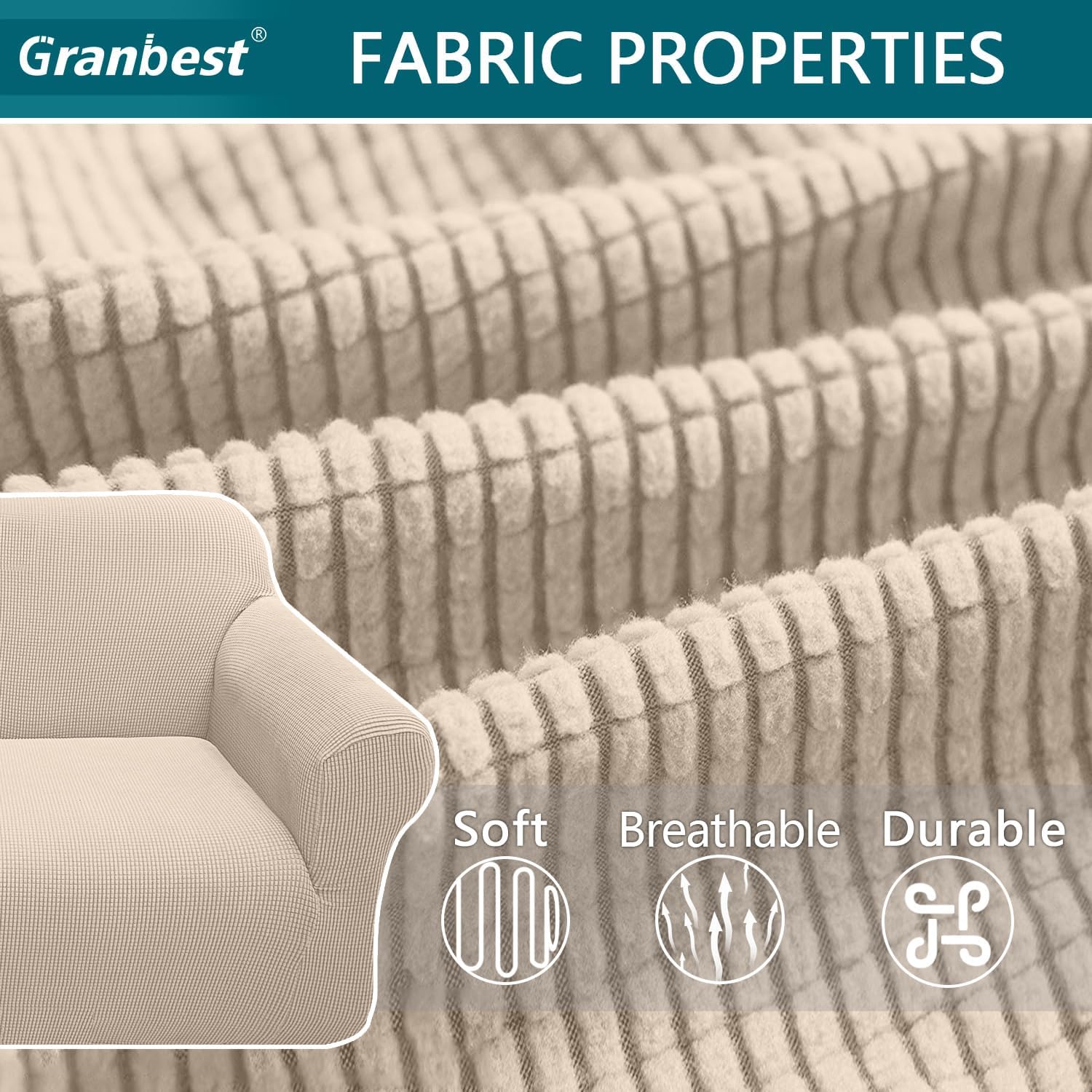 Thumbnail 3 de Granbest High Stretch 3 Seater Sofa Cover (Beige) – non-slip, pet-friendly jacquard spandex slipcover