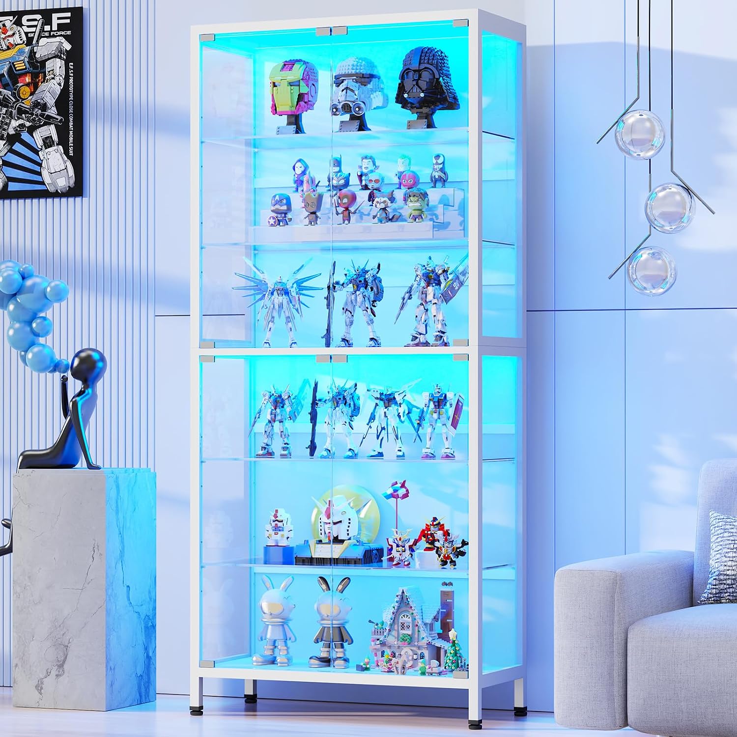 Detalle de BROTTAR 80086 Display Cabinet, 6-Tier White Curio Cabinet with Glass Doors and LED Lights