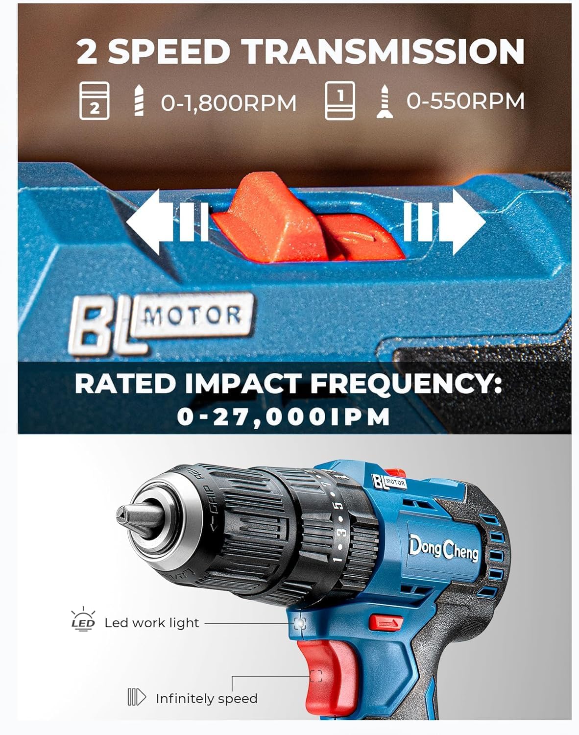 Detalle 2 de Dong Cheng 20V Brushless Heavy-Duty Impact Drill (50N.m) with 13mm keyless chuck and hammer function