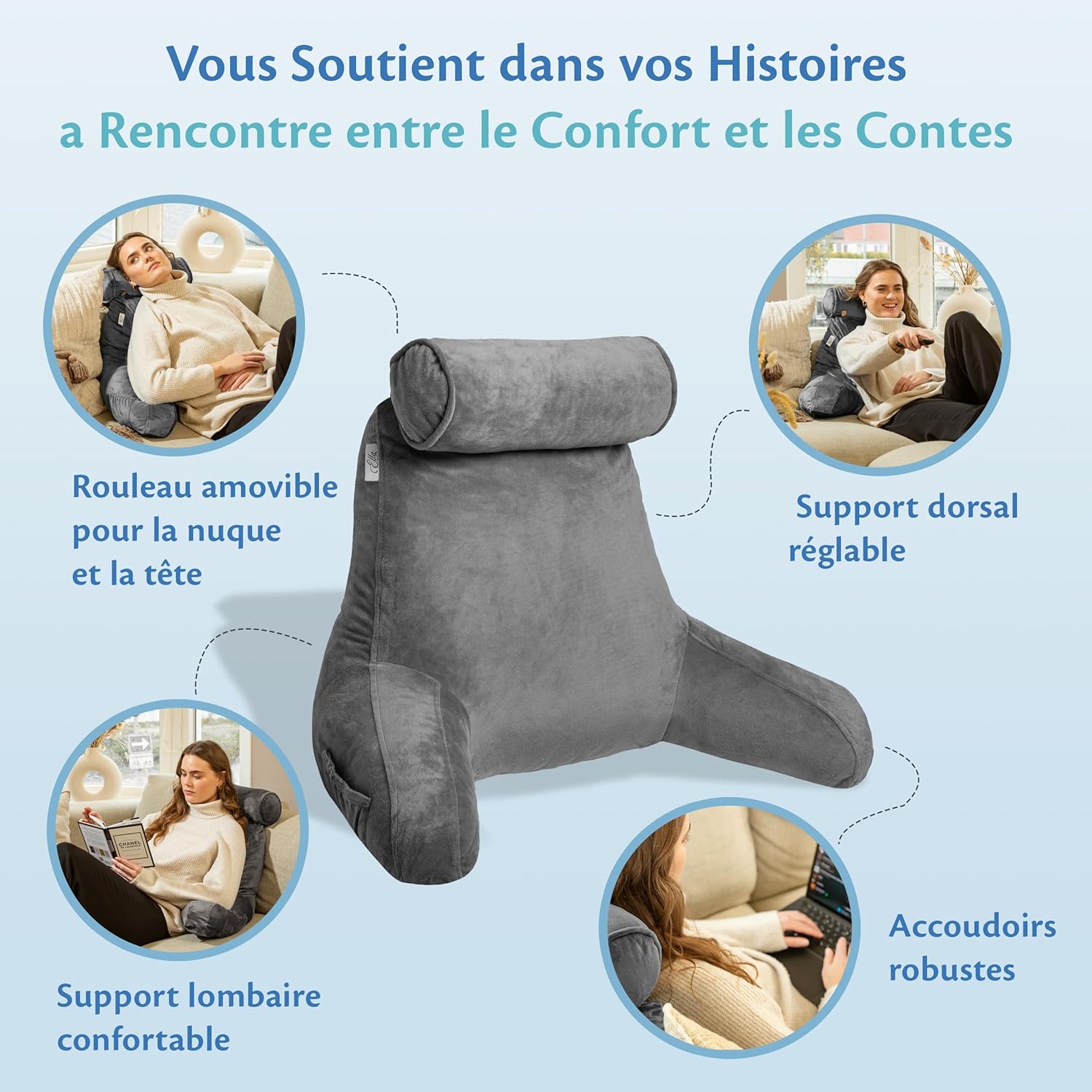 Thumbnail 2 de Ella Coussin de lecture avec rouleau de cou et accoudoirs en velours (bleu) — oreiller pour fauteuil, dos et nuque