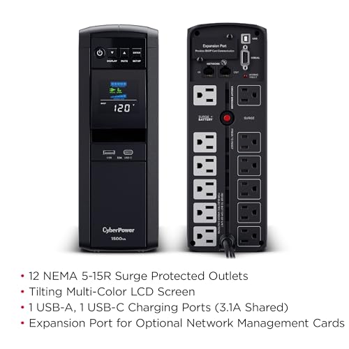 Detalle de CyberPower CP1500PFCLCD PFC Sinewave UPS: 1500VA/1000W Backup with 12 Outlets and AVR