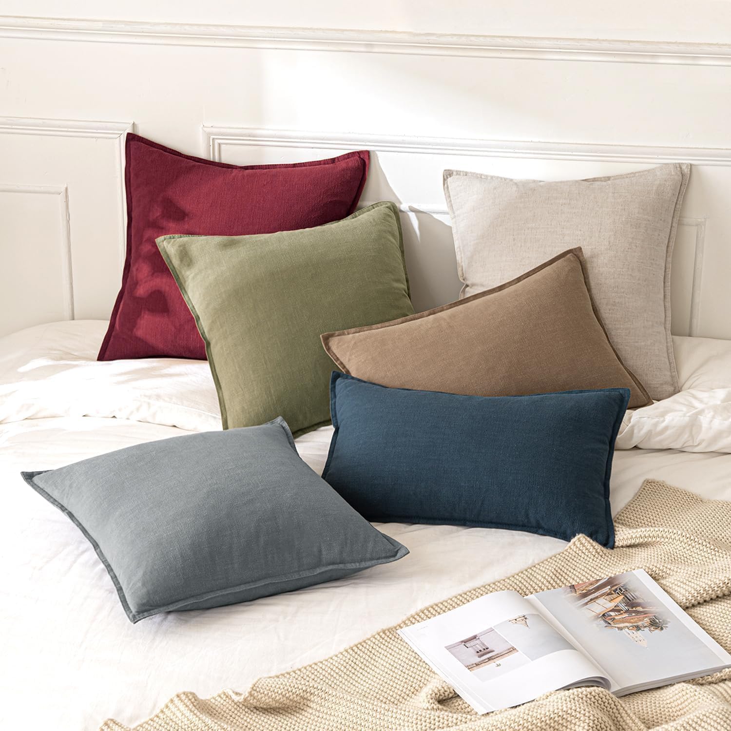 Detalle de MIULEE Decorative Linen Pillow Covers, 24 x 24-Inch Burgundy, Set of 2