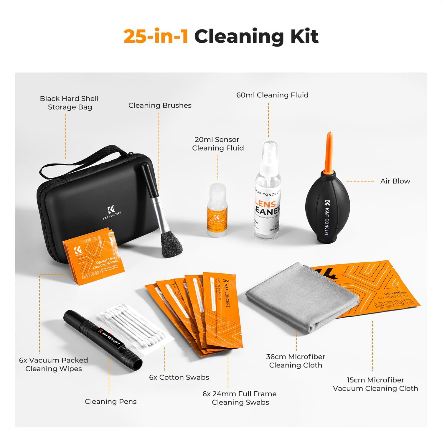 Detalle 2 de K&F CONCEPT 25 in 1 Camera Cleaning Kit — Comprehensive Kit for DSLR Lenses, Sensors and More