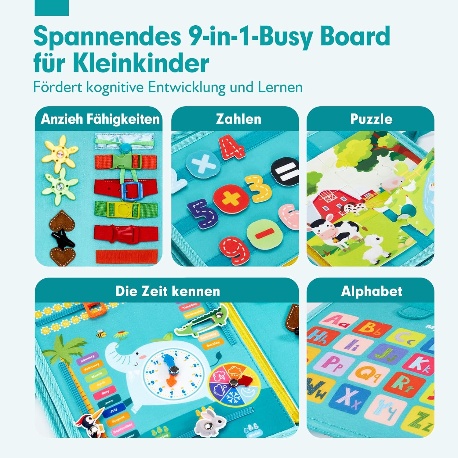 Detalle 2 de Hahaland Montessori Busy Board – Activity Board mit 15 Aktivitäten