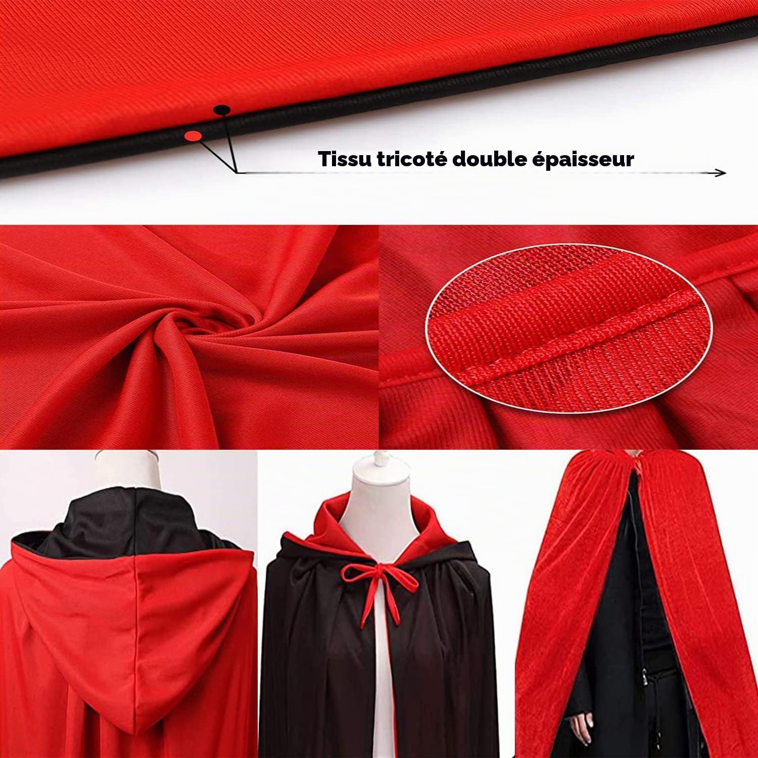 Thumbnail 2 de OUQIWEN omkeerbare vampiercape met kap, zwart-rood en uniseks