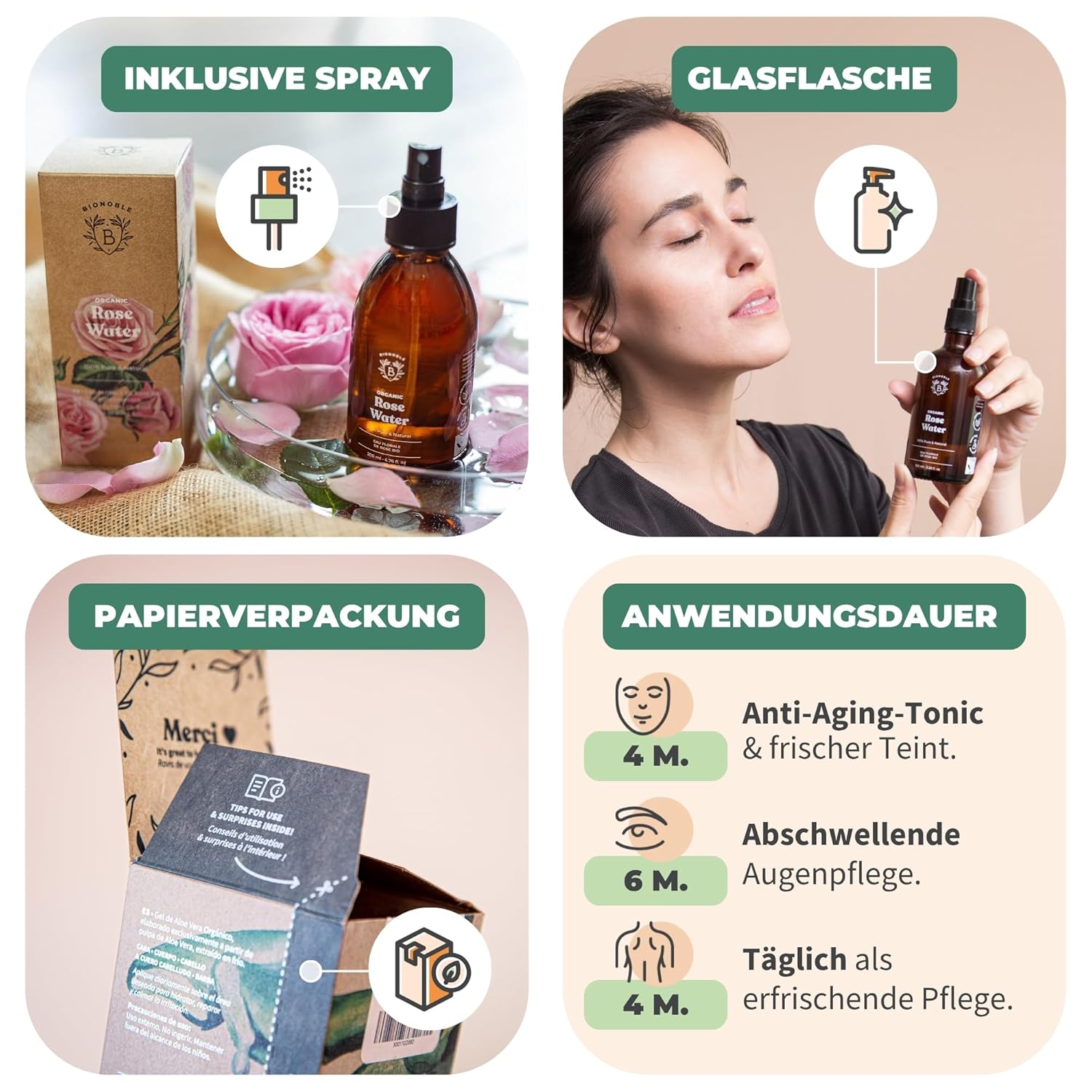 Thumbnail 3 de BIONOBLE Rosenwasser Bio – 200 ml, zur vitalisierenden Pflege von Gesicht und Haaren