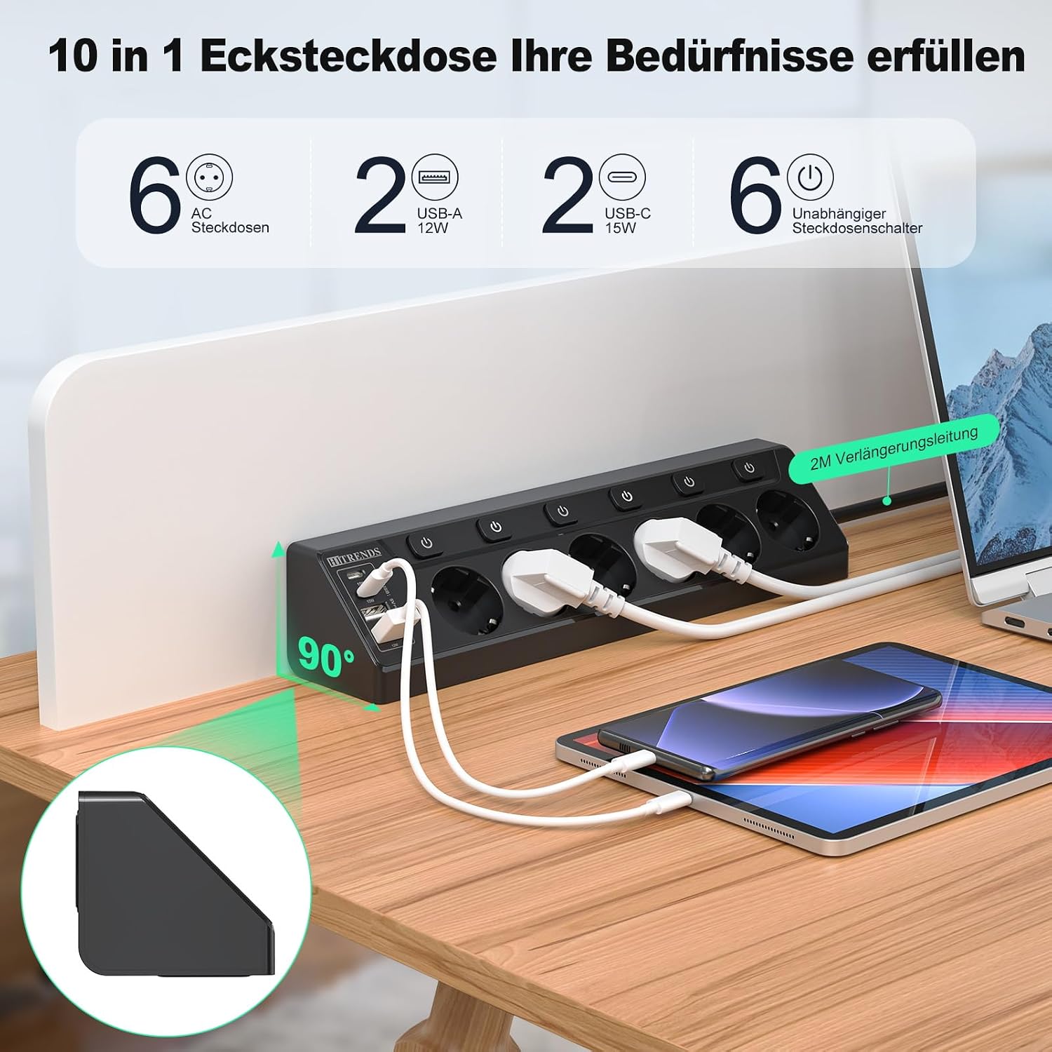 Detalle 2 de HITRENDS Ecksteckdose 2 m Kabel 🔌