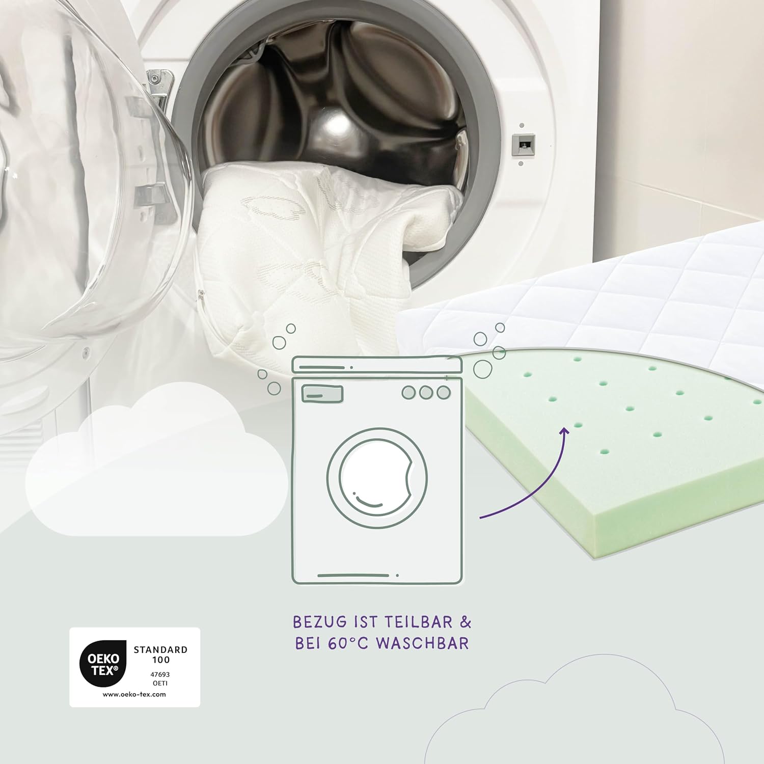 Detalle de Träumeland T014301 Basic Rainbow – materac dziecięcy 60 × 120 cm, średnio twardy