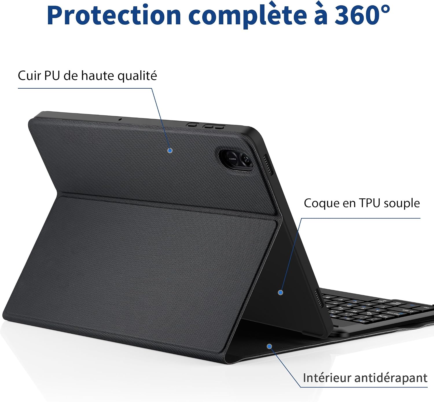 Detalle 2 de EasyAcc étui clavier français Bluetooth pour iPad 10,2" (9e/8e et 7e génération) avec film de protection et clavier amovible, bleu océan
