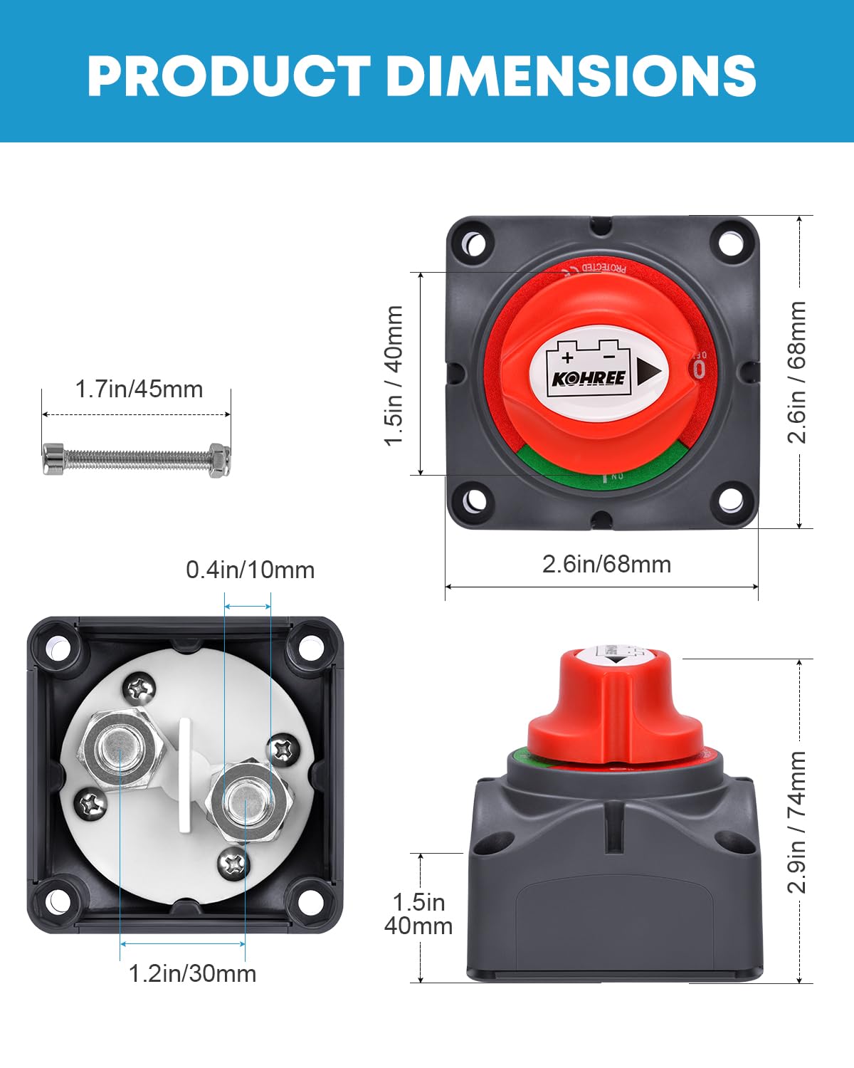 Detalle de Kohree Batterie-Trennschalter 12/24V bis 275A – wasserdichter Batterietrenner mit OFF/ON-Markierung