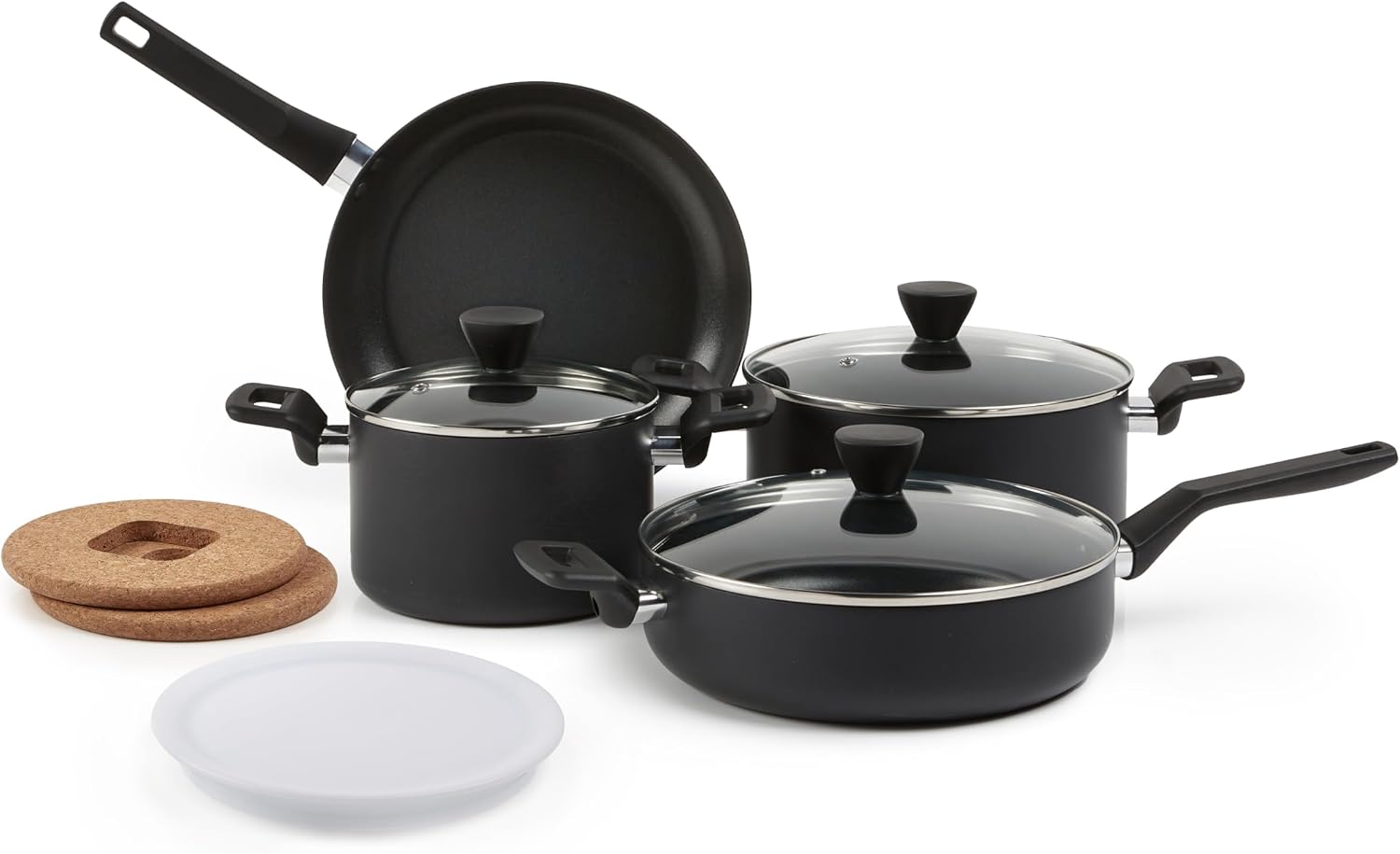 Detalle de Amazon Basics Ceramic Non-Stick 3-Piece Frying Pan Set (20.3cm, 25.4cm & 30.5cm) in Black