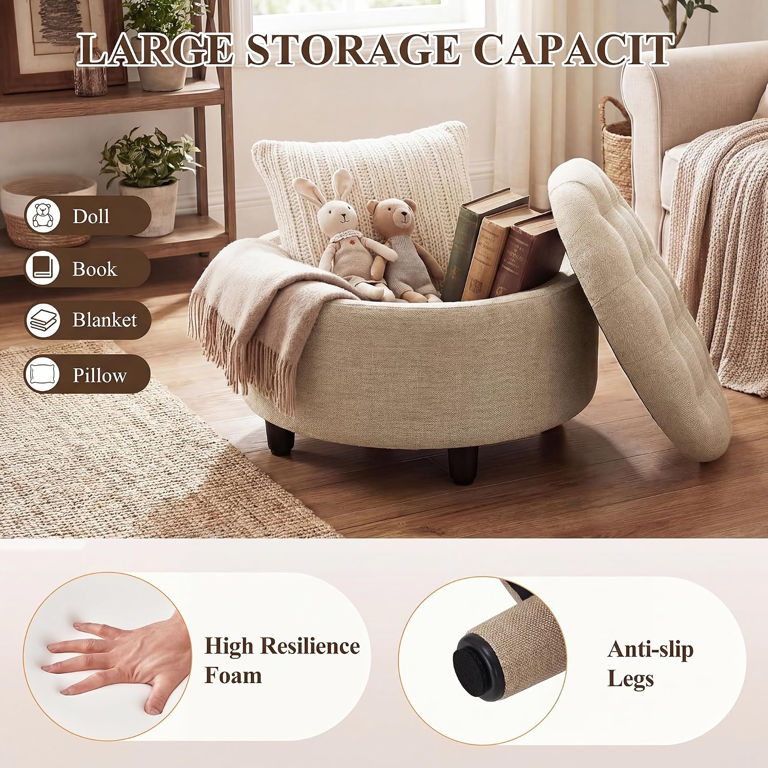 Detalle de COLAMY VC-K311-CAM-FB Round Storage Ottoman with Reversible Tray Lid, Camel