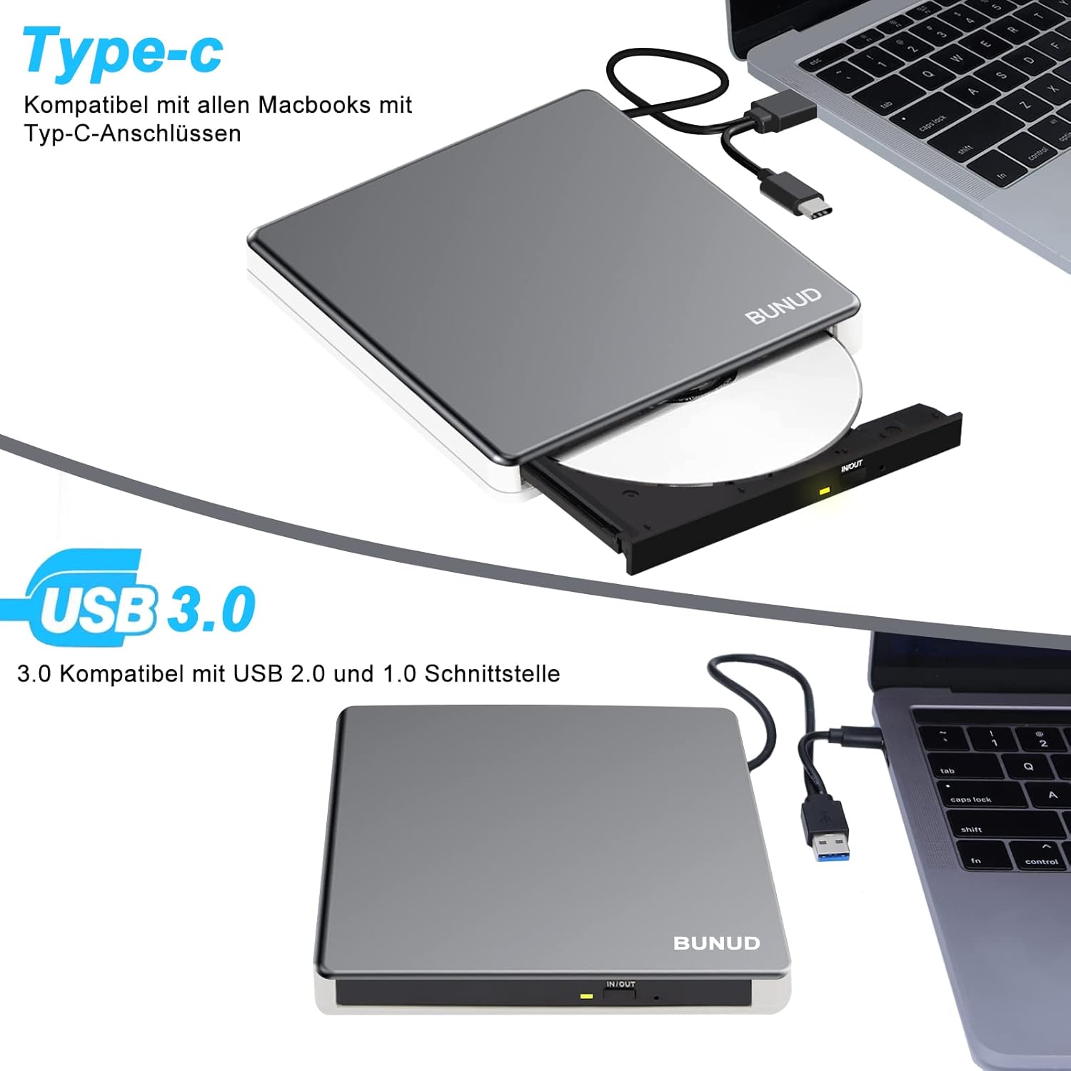 Thumbnail 5 de BUNUD externes CD/DVD-Laufwerk für Laptop (USB-C/USB 3.0) mit SD/TF & 2 USB-Ports