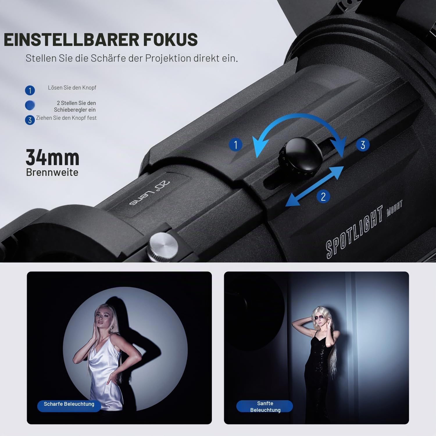 Detalle 2 de NEEWER Spotlight Snoot LS-39 mit 20° Projektionsobjektiv, einstellbarem Fokus & 16 Metallgobos