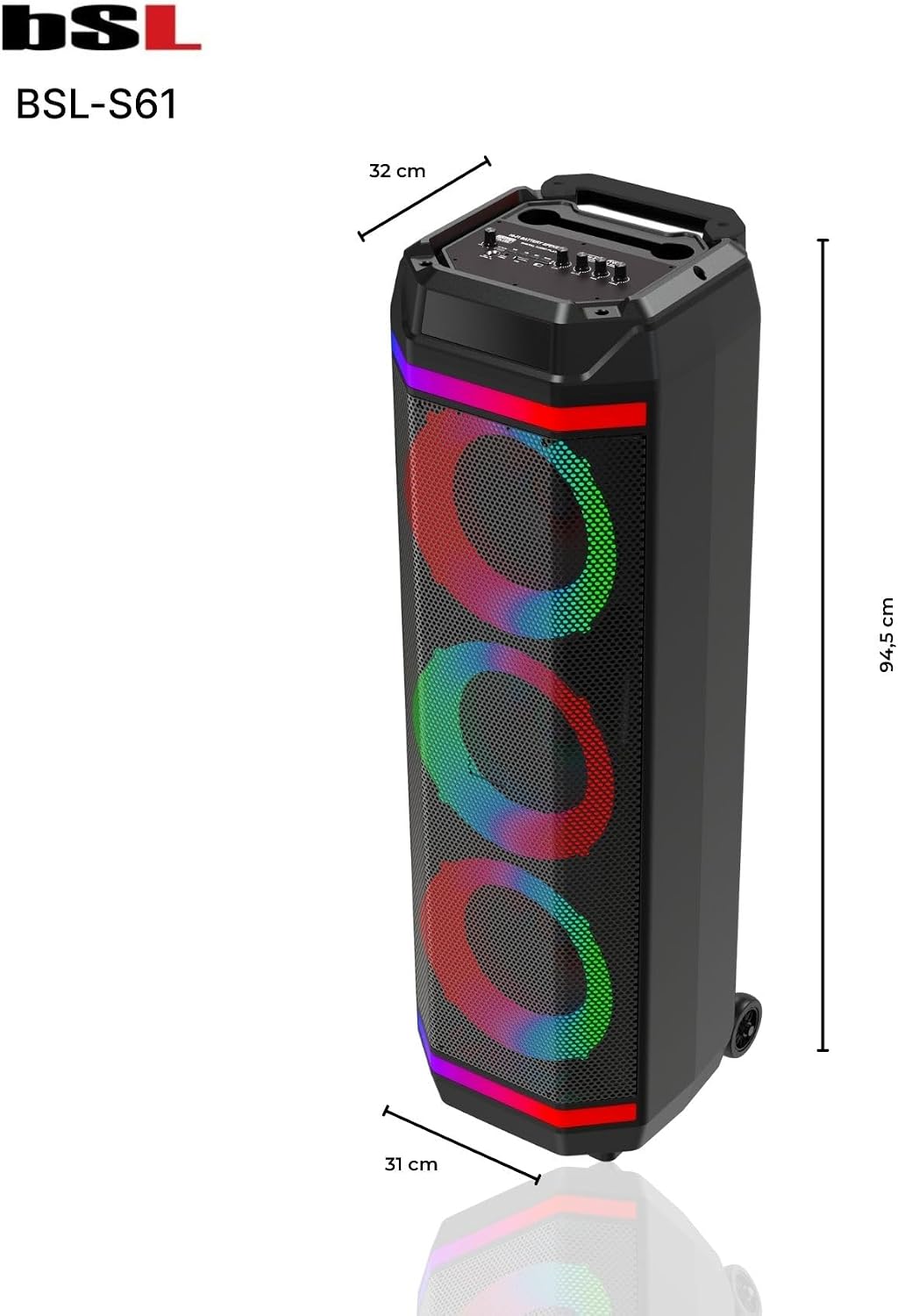 Detalle 2 de BSL BEAUTIFUL SOUND LINE BSL-S61 altoparlante Bluetooth con illuminazione, 3 altoparlanti da 8" e microfono incluso